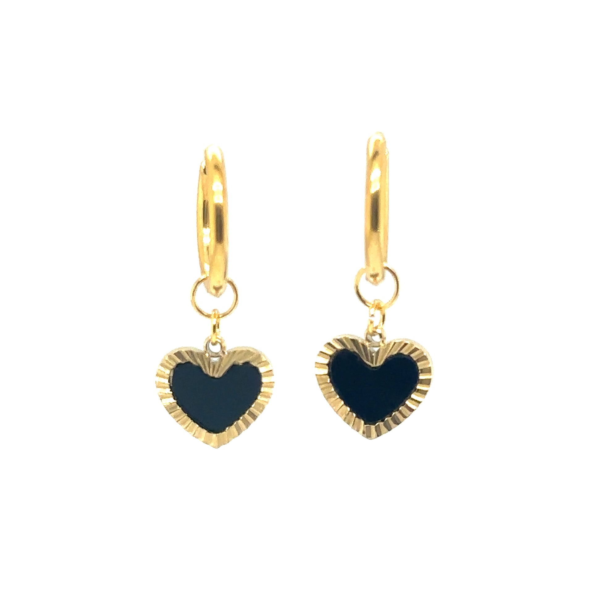 gold hoop earrings with black and gold heart charms