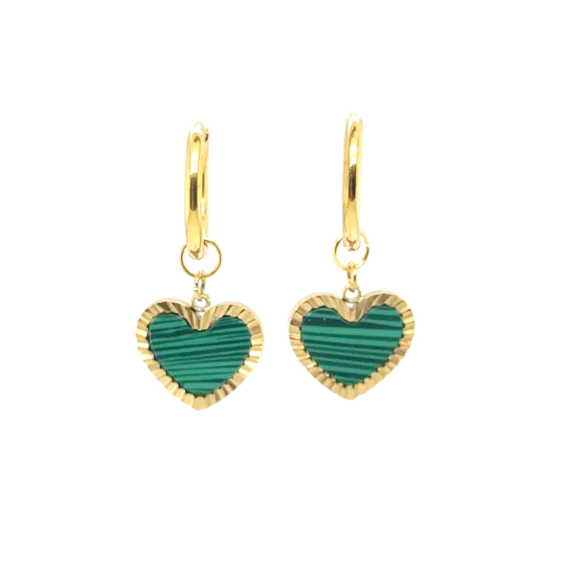 gold hoop earrings with green and gold heart charms