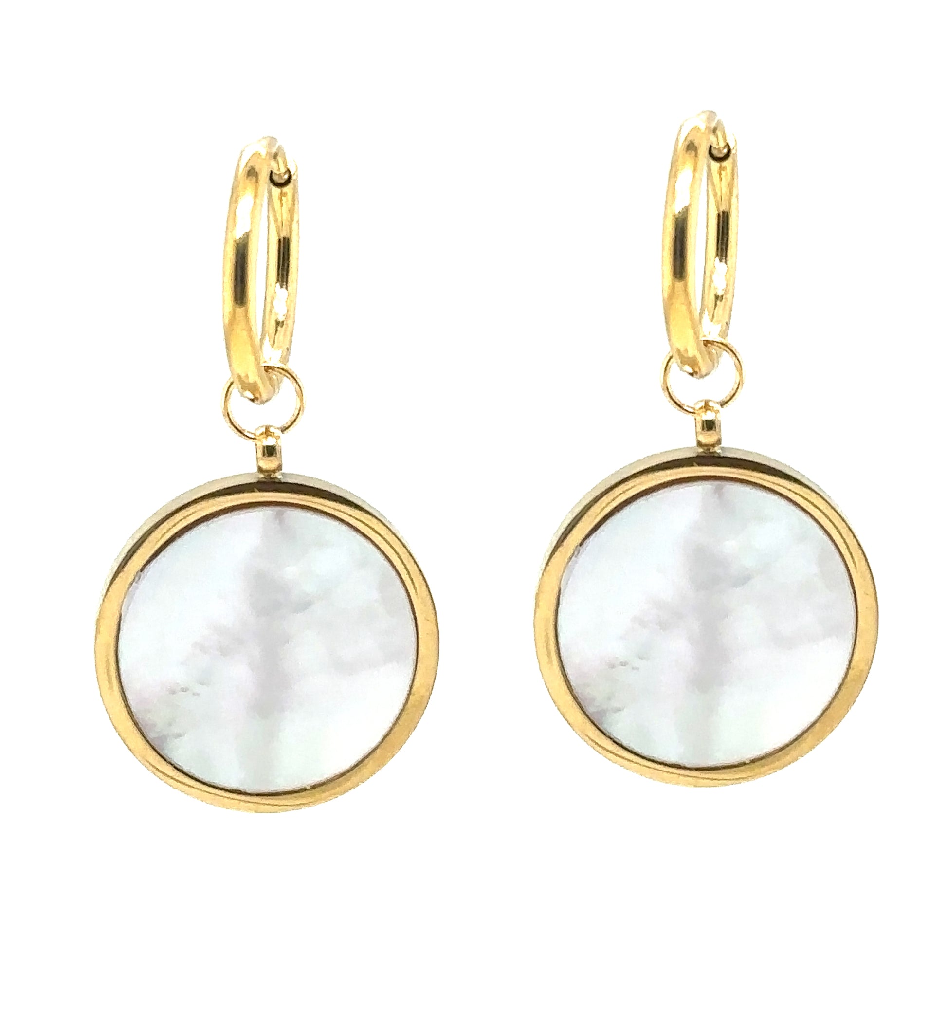 Hoop earrings with round Mother of Pearl white shell and gold charms