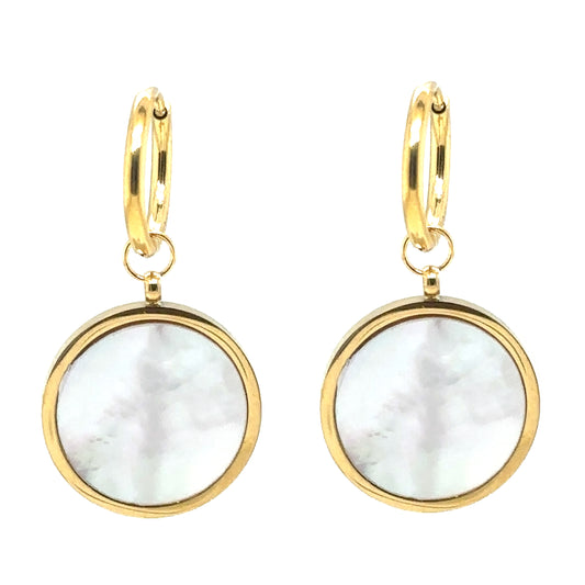 Delicate gold hoop earrings with mother of pearl shell white and large gold round shaped charms