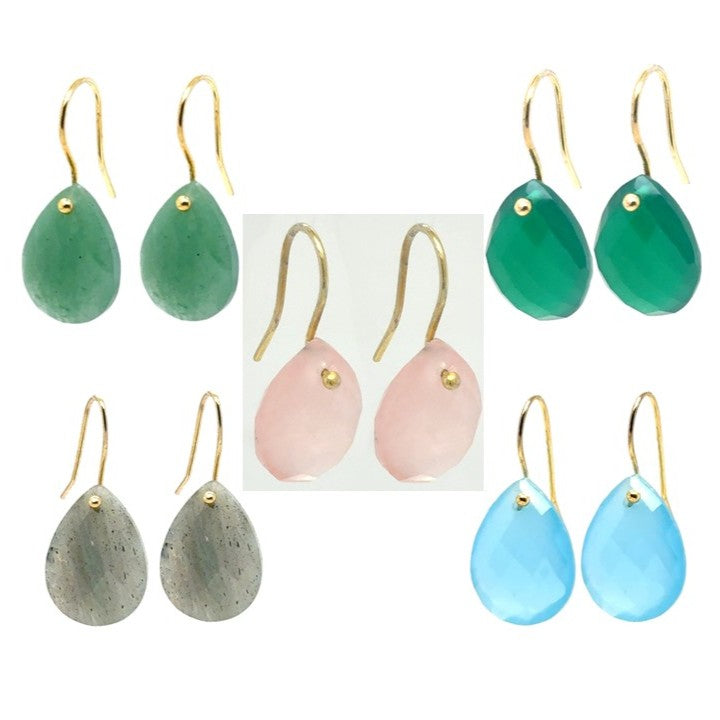 Five colours of semi-precious gemstone teardrop earrings with gold filled ear hooks.