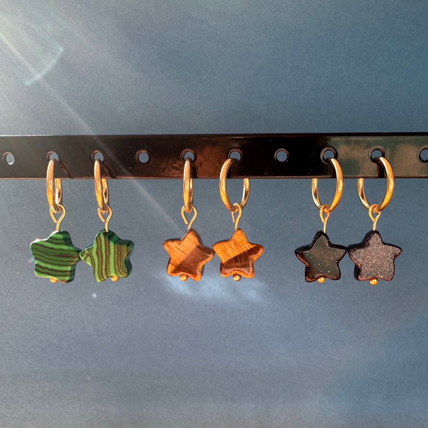 Three pairs of colourful Gemstone Star Hoops