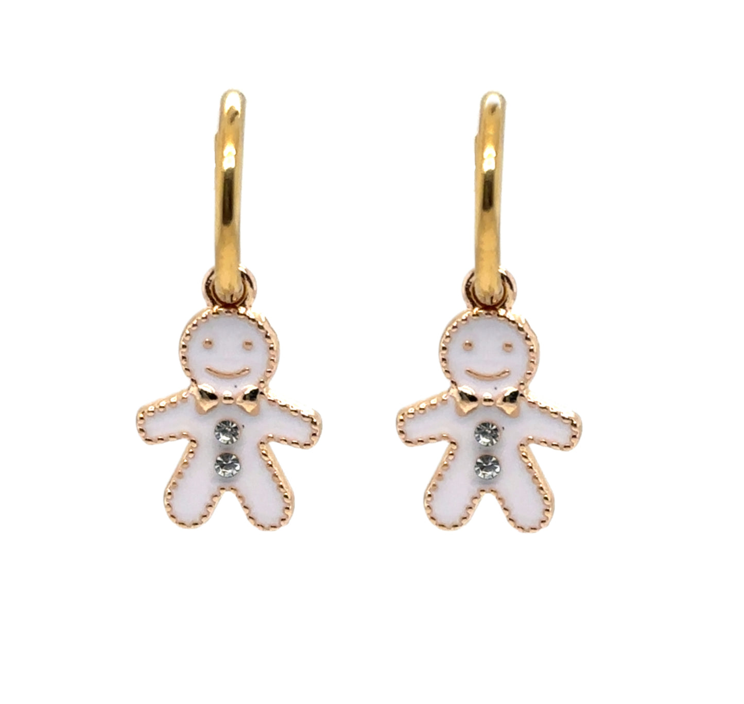 Delicate gold hoop earrings with gingerbread man shaped charms