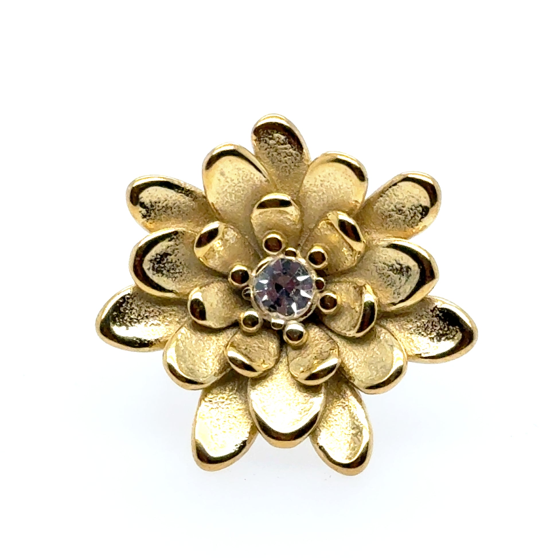 Adjustable gold ring with big flower and crystal in the centre