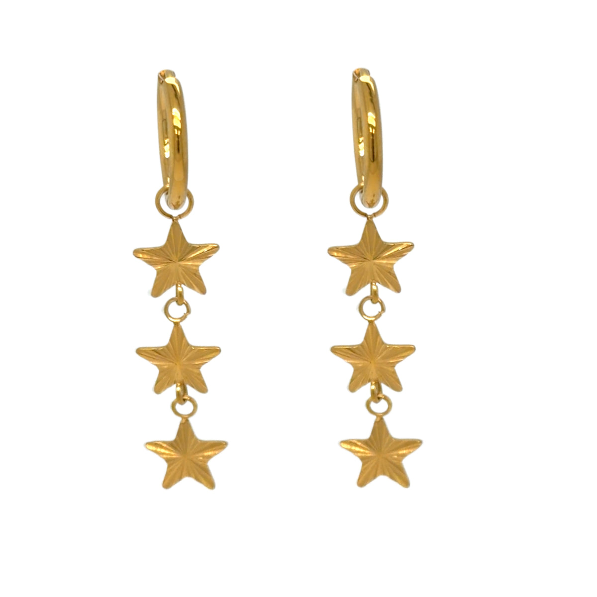 Delicate gold hoop earrings with three small dangling star charms