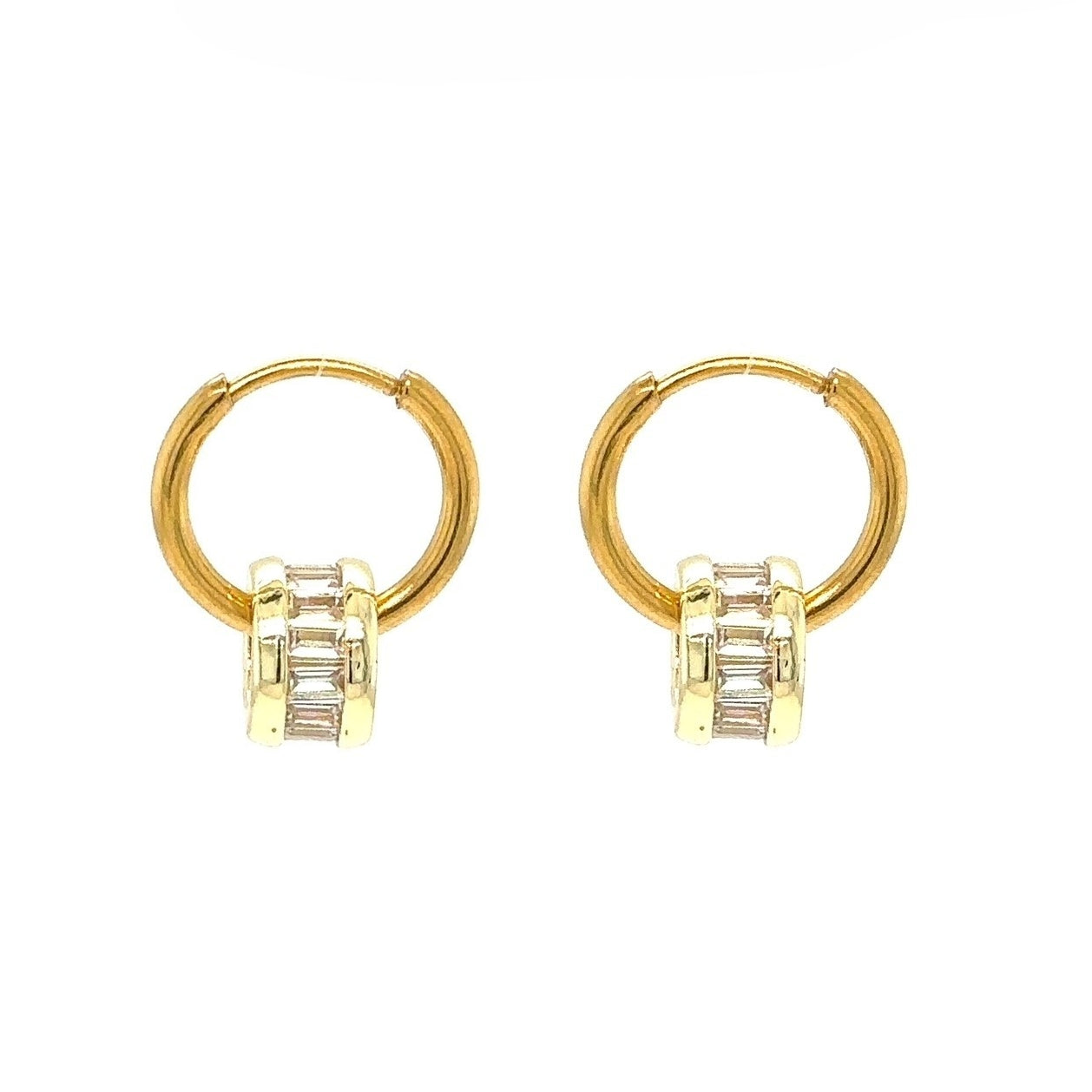 gold hoop earrings with crystal and gold round charms