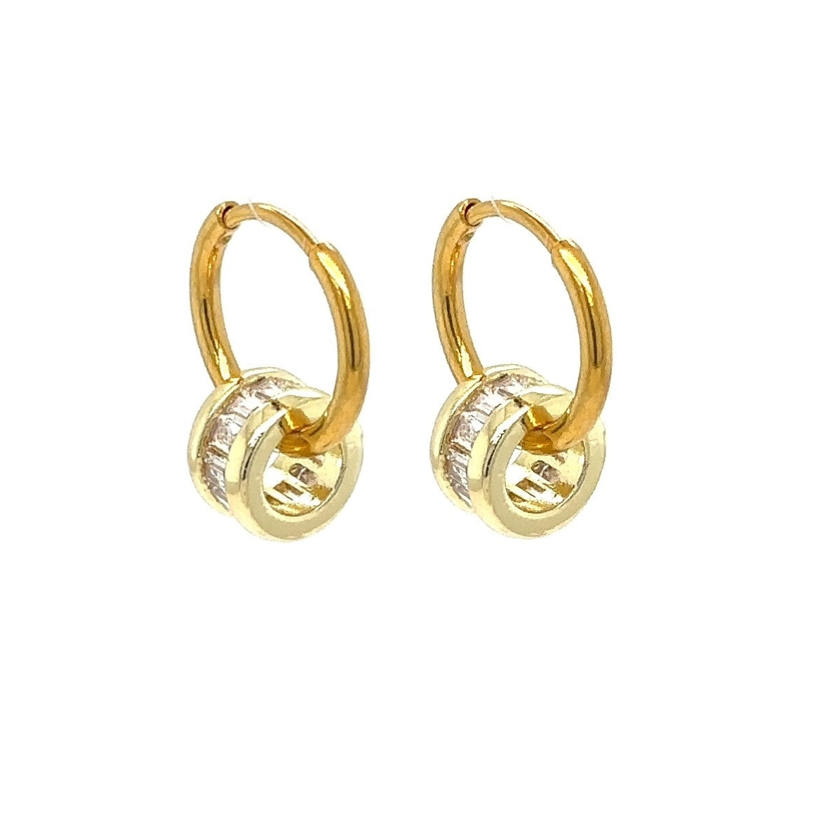 gold hoop earrings with crystal and gold round charms