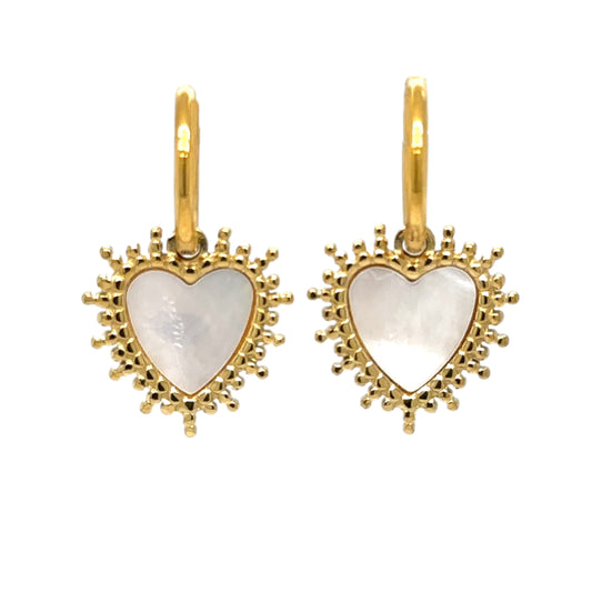 gold hoop earrings with gold and mother of pearl and gold dot heart charms