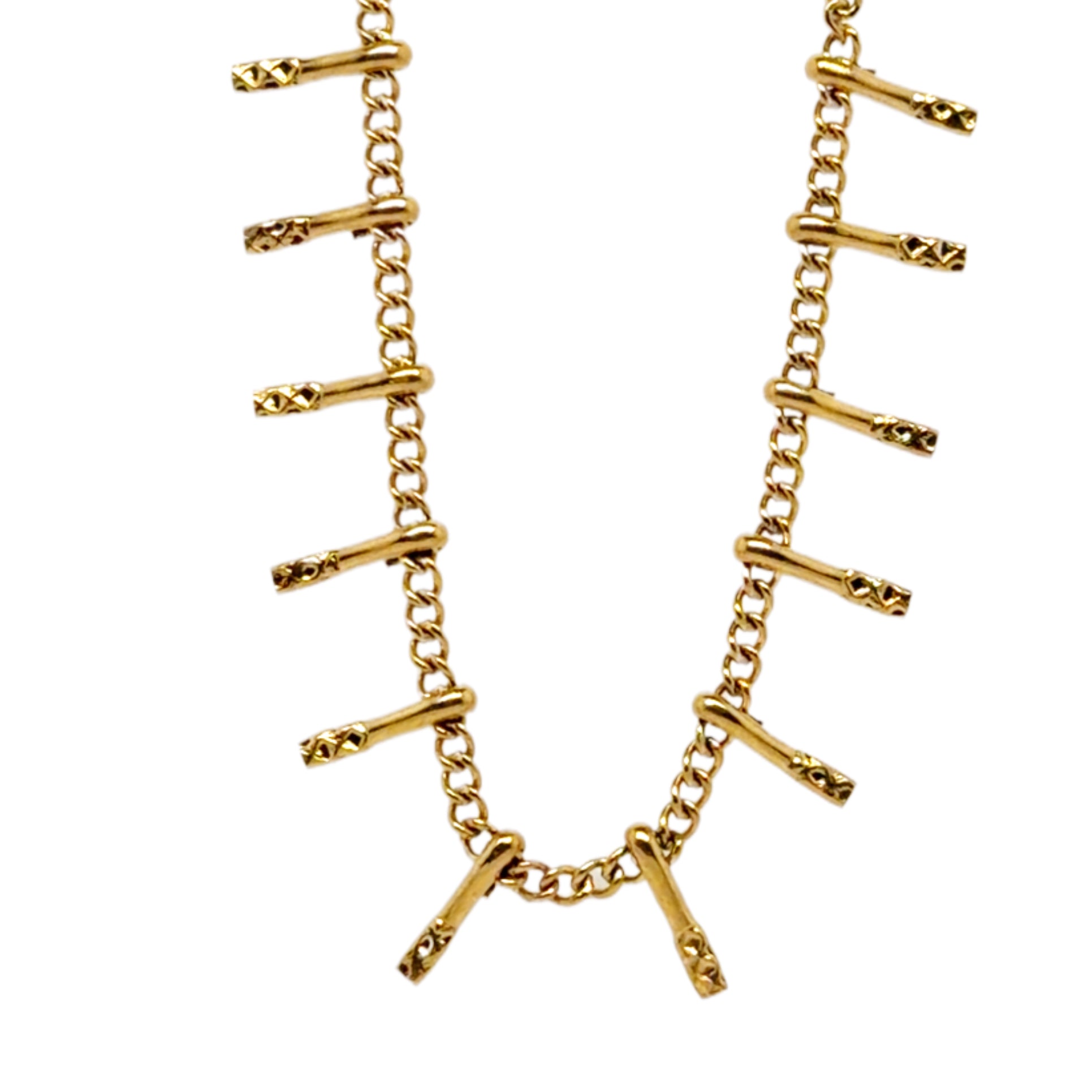 Gold chain bracelet with bar-like links on a white background