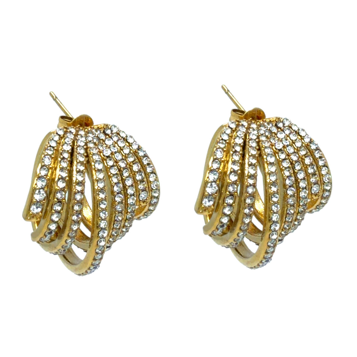 gold earrings that have multiple strands with cubic zirconia in them all around