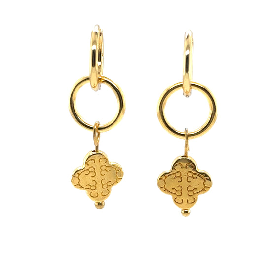 gold hoop earrings with circle and clover gold charms