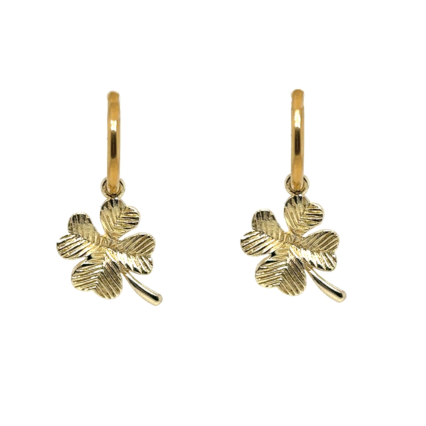 Delicate gold hoop earrings with pretty gold clover charms