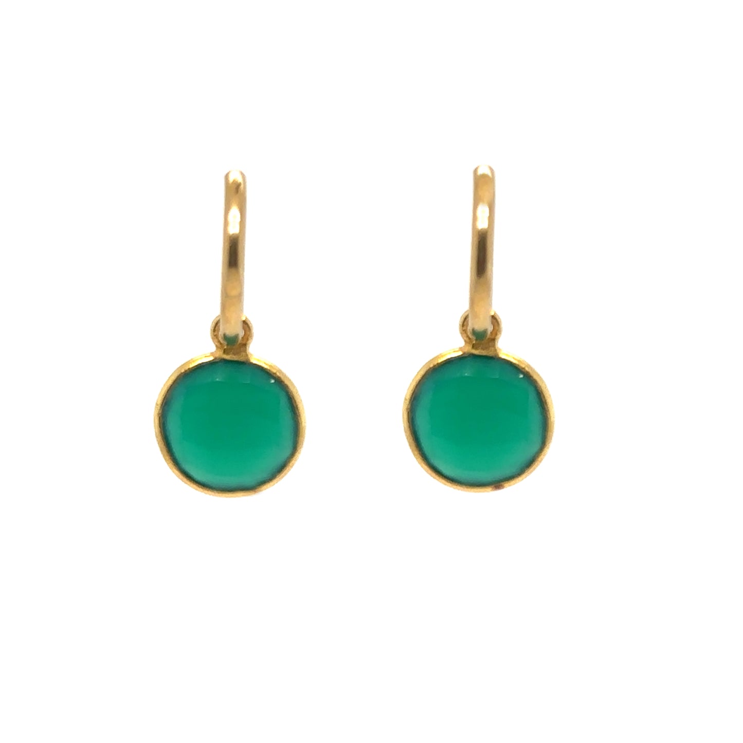 Delicate gold hoop earrings with lovely Green Agate semi-precious gemstone small round charms