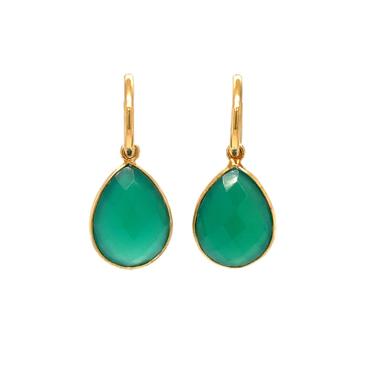 gold hoop earrings with green agate teardrop charms