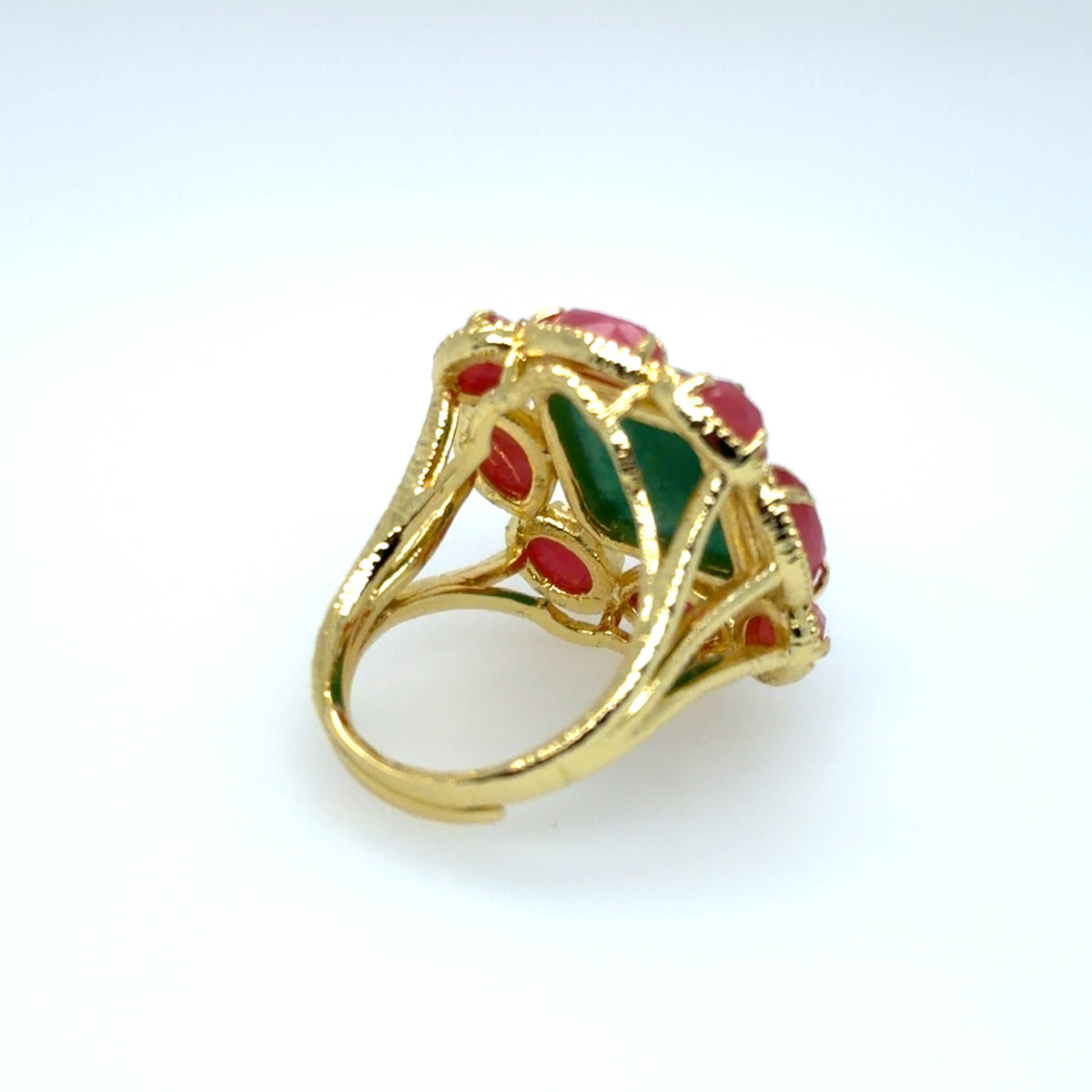 Gorgeous statement ring with Green Agate Square framed by Pink Tourmaline ovals which is adjustable for most sized fingers