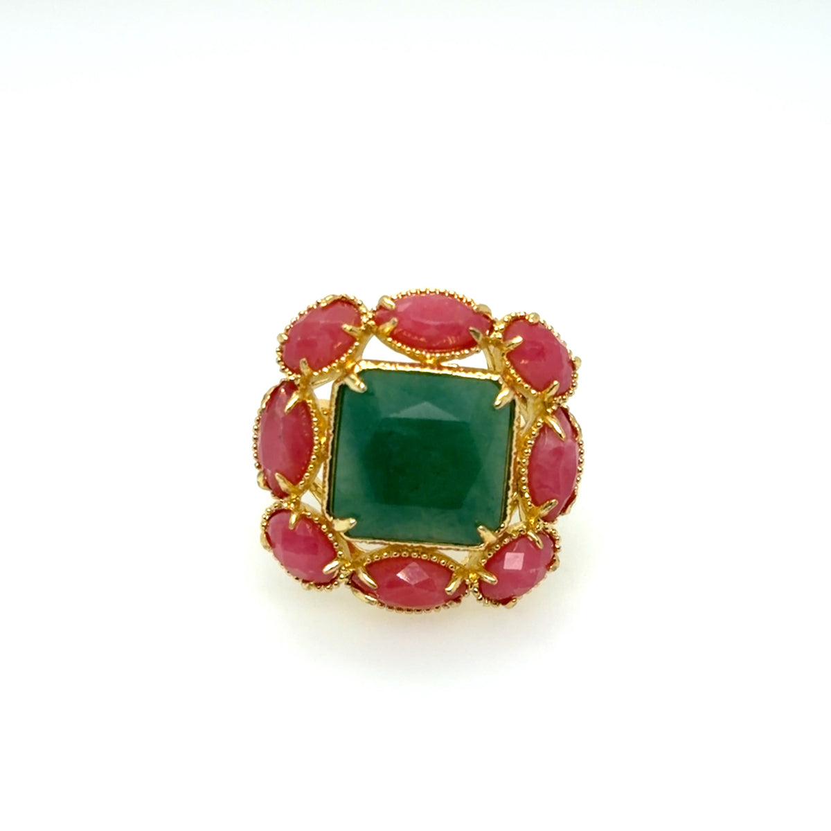 Gorgeous statement ring with Green Agate Square framed by Pink Tourmaline ovals