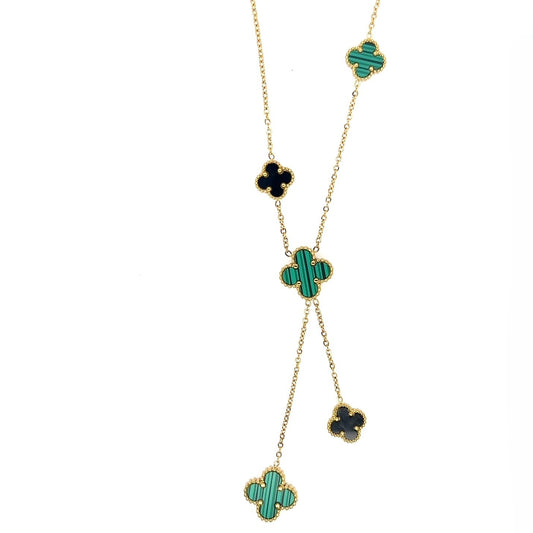 Lariat necklace with five small and medium sized reversible clover charms in black and green