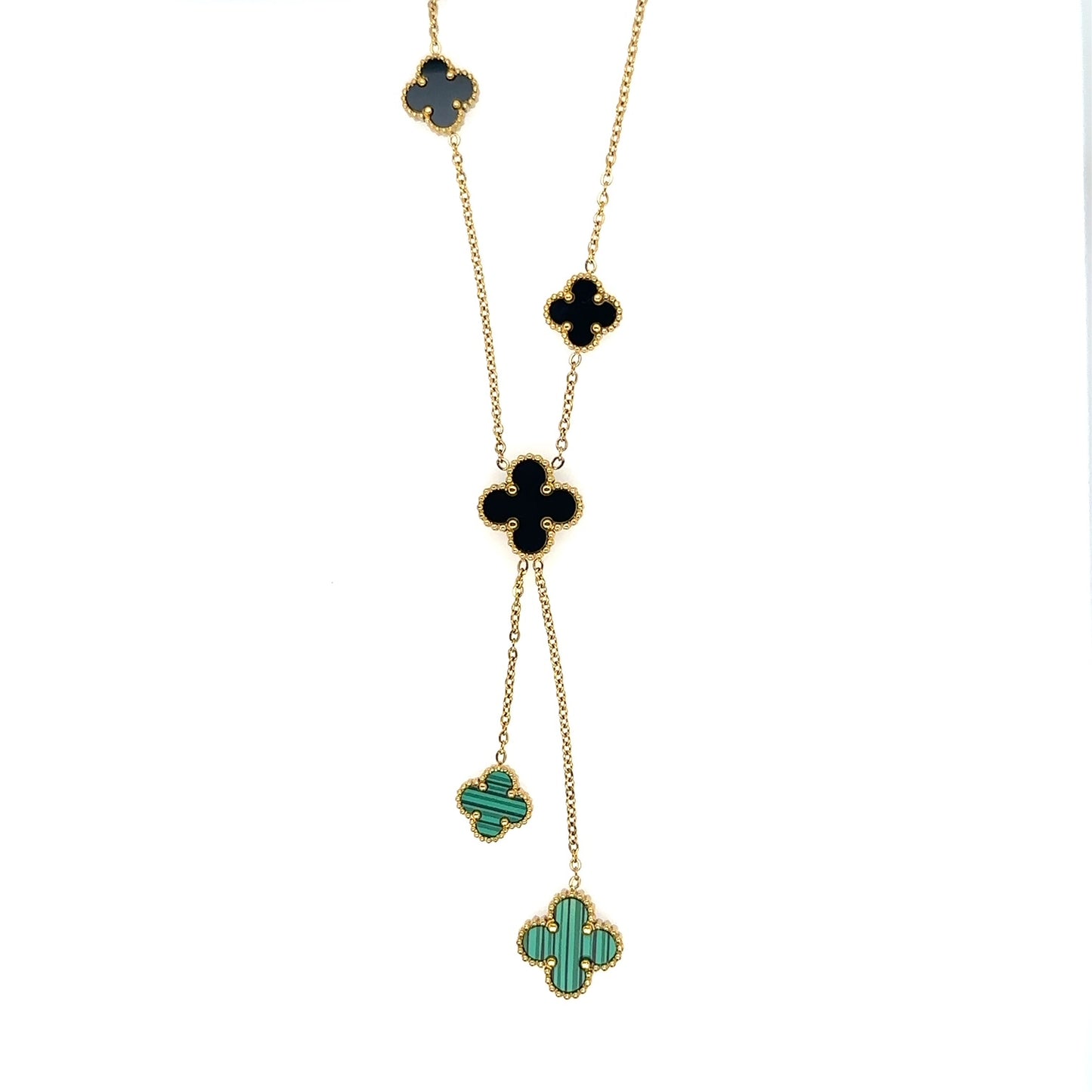 Lariat necklace with five small and medium sized reversible clover charms in black and green