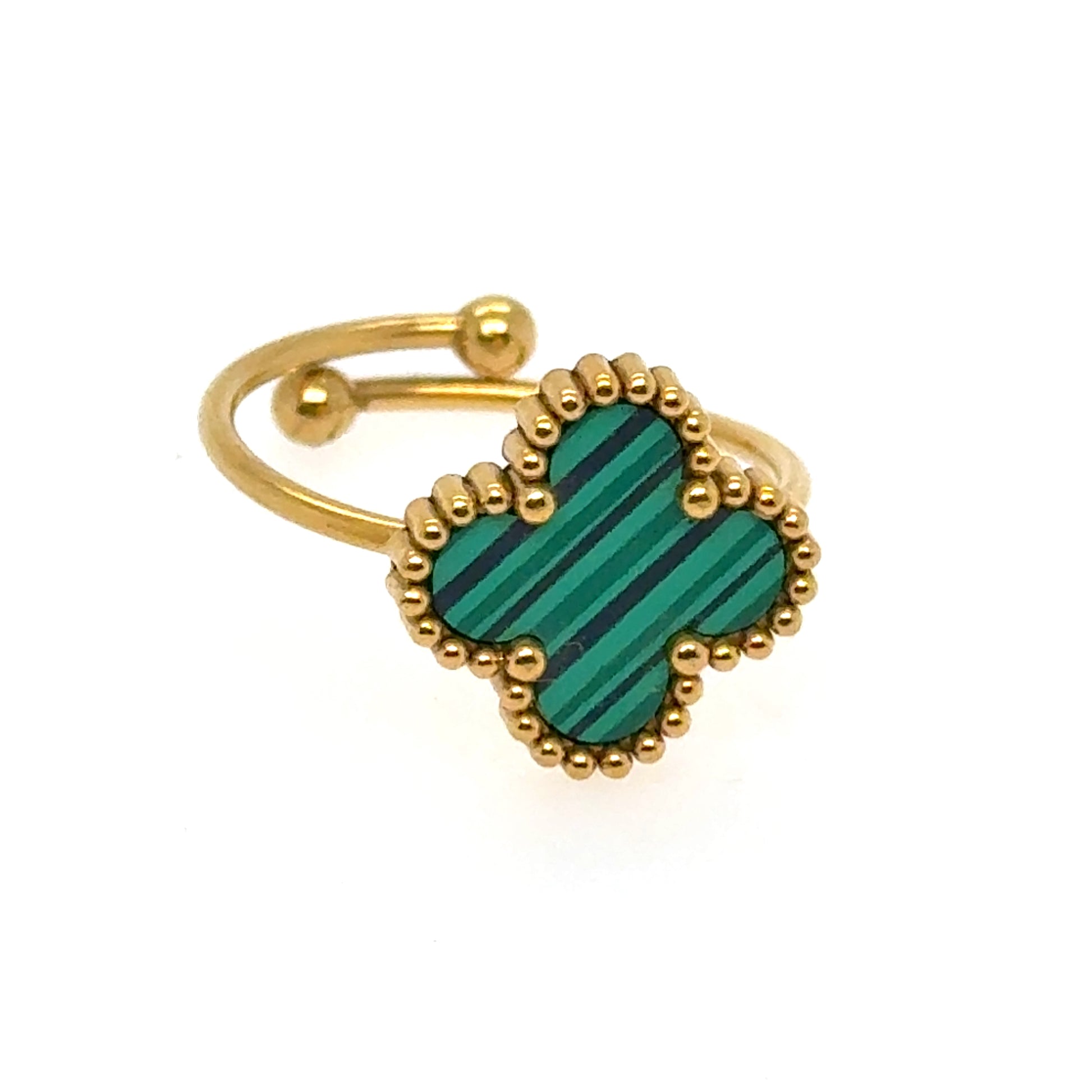 Adjustable gold ring with green clover design