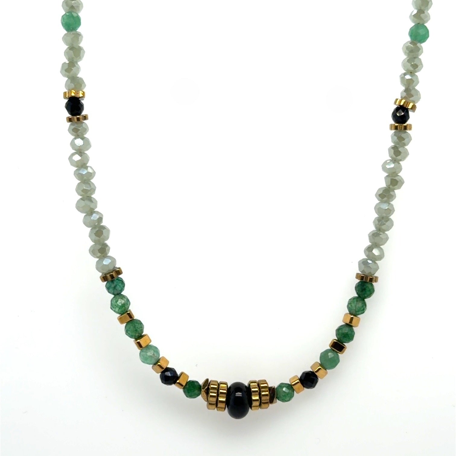 Beaded green necklace on white background