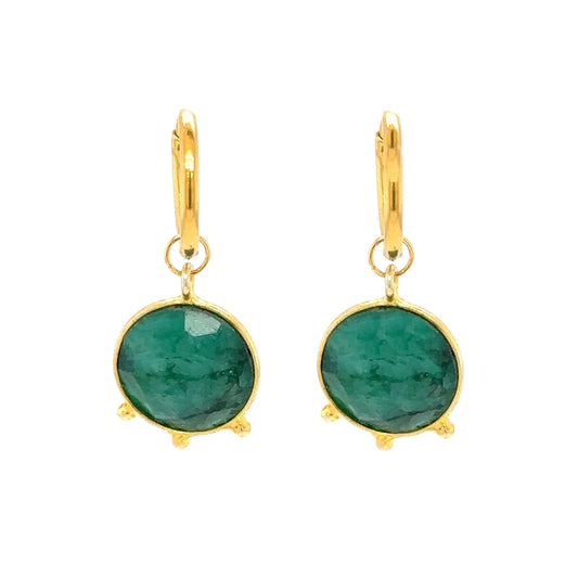 gold hoop earrings with gorgeous Emerald Green semi-precious gemstone round charms made from Sillimanite
