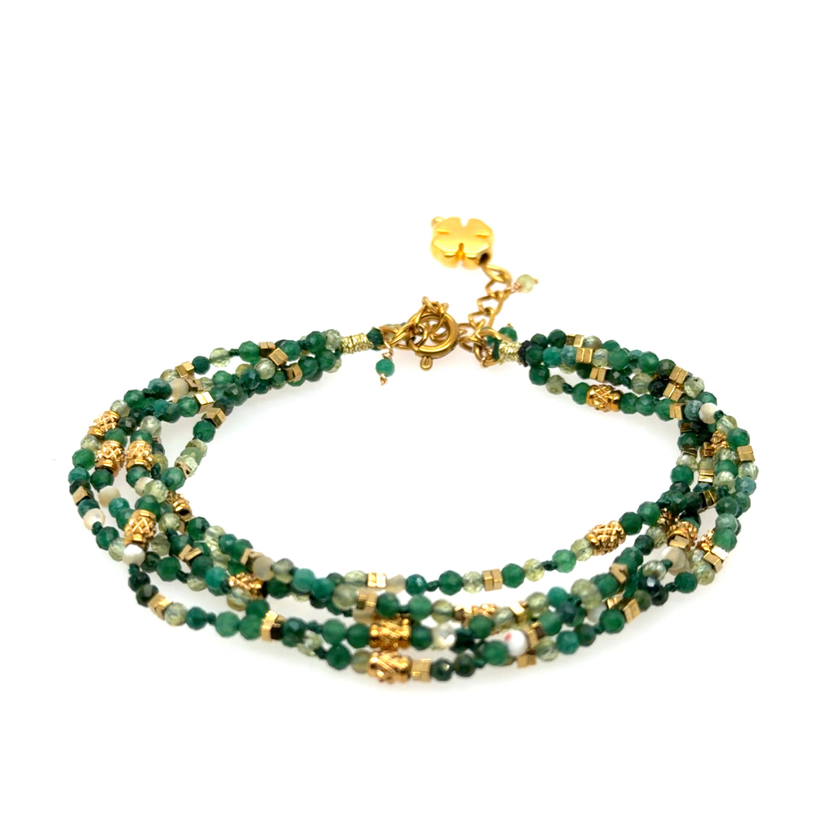 Lovely four stranded gemstone bracelet with Green Agate and tiny Freshwater pearls