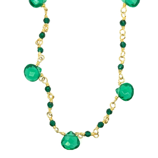 Rosary gold necklace with Green Onyx teardrop gemstone beads