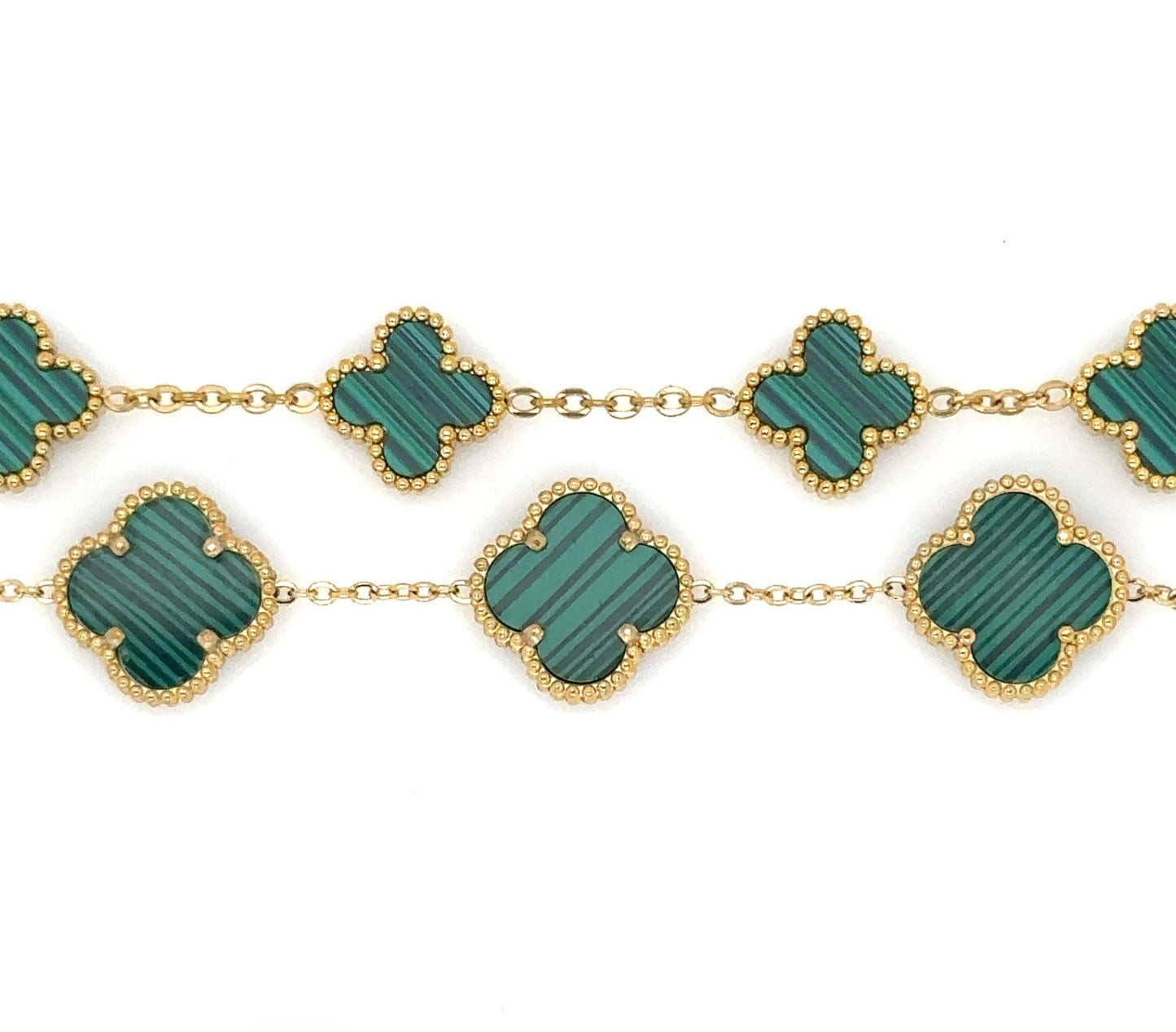 Two gold bracelet with five small and large clover charms in green enamel