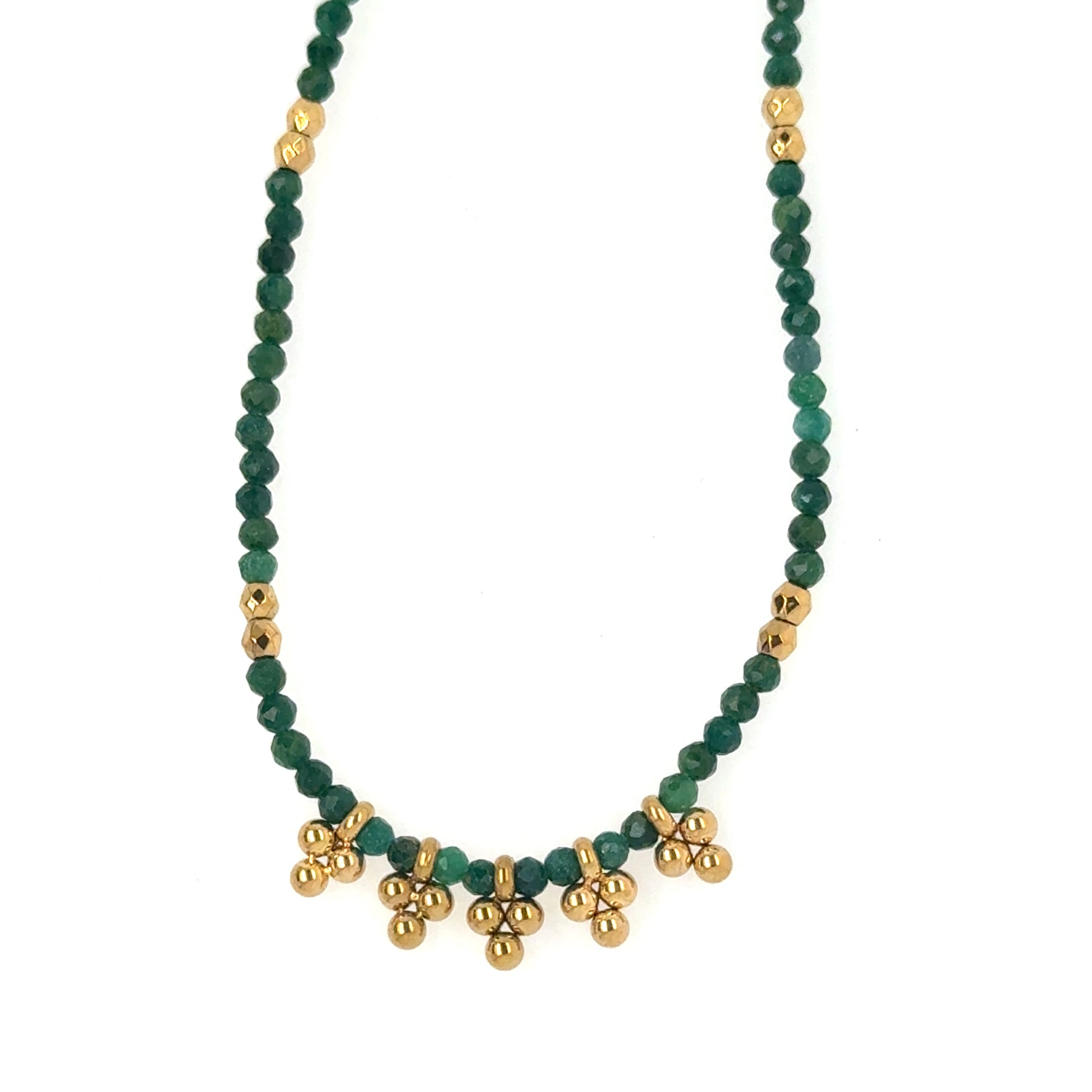 Delicate necklace with dark green and gold beads