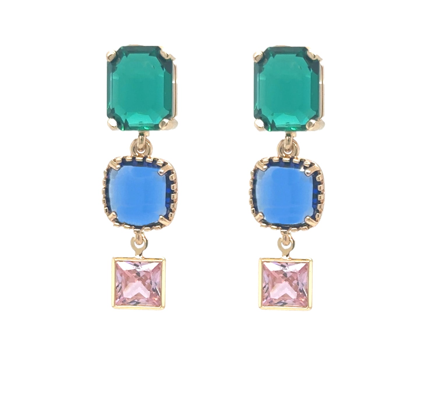 These sparkly stud earrings have 3 crystals in green, blue and pink