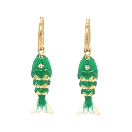 Delicate gold hoop earrings with red moving fish charms