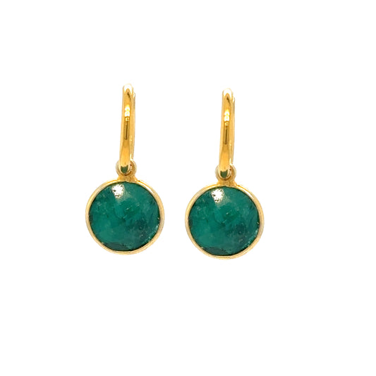 gold hoop earrings with gorgeous Emerald Green small semi-precious gemstone round charms