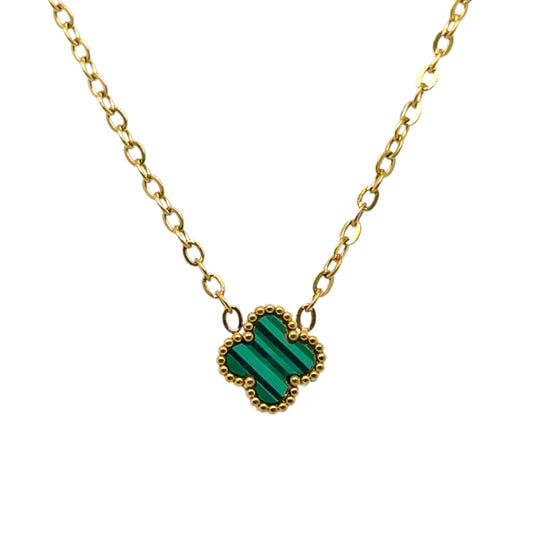 Delicate gold chain necklace with tiny 9mm green clover charm in the middle