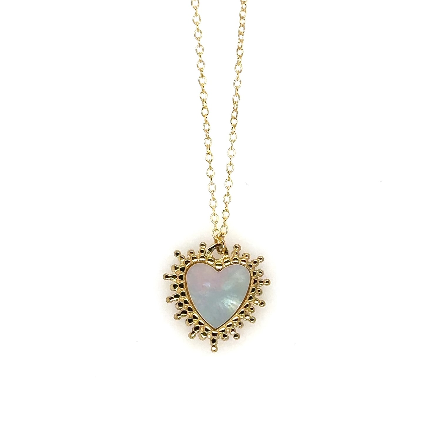 necklace with heart shaped mother of pearl and gold charm 