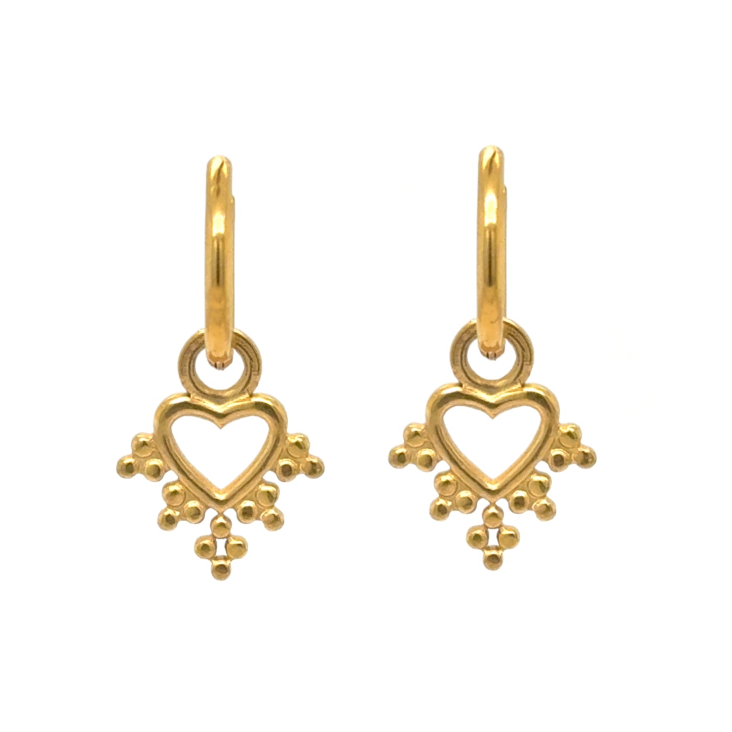 Delicate gold hoop earrings with dotty heart charms