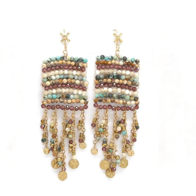 A pair of gold-tone dangle earrings with multiple horizontal rows of multicolored beads and dangling coin charms, shown on a plain white background.