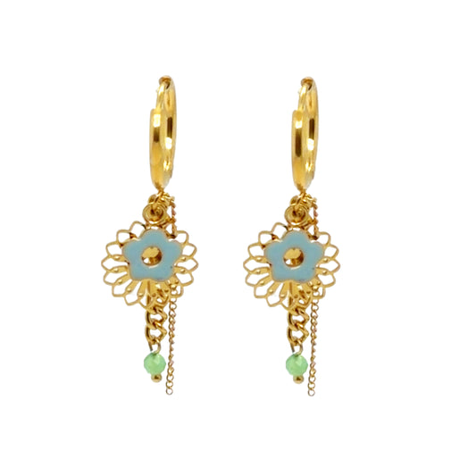 Gold Hoops with with Blue, Green, Yellow and Gold Charms