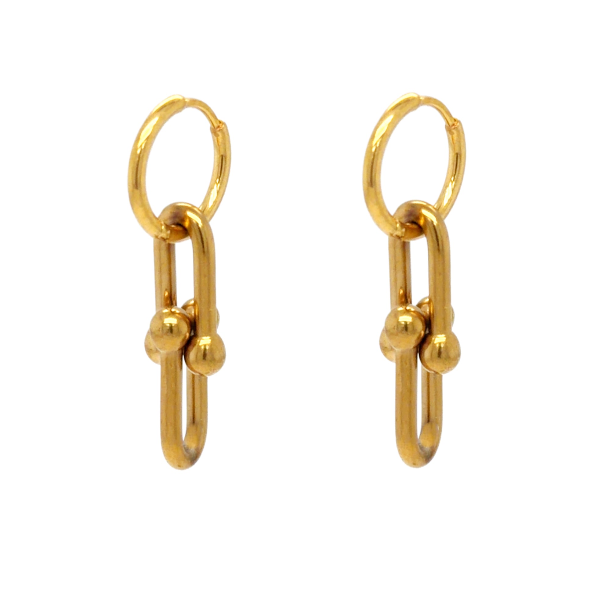 Gold hoop earrings with ball chain links