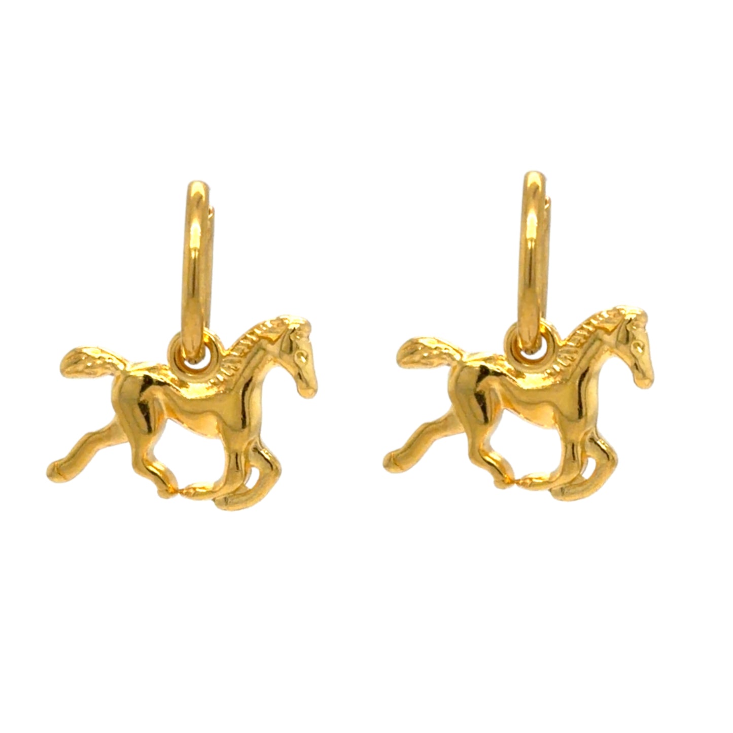 Gold horse-shaped earrings on a white background