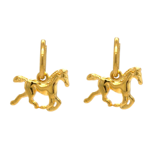 Gold horse-shaped earrings on a white background