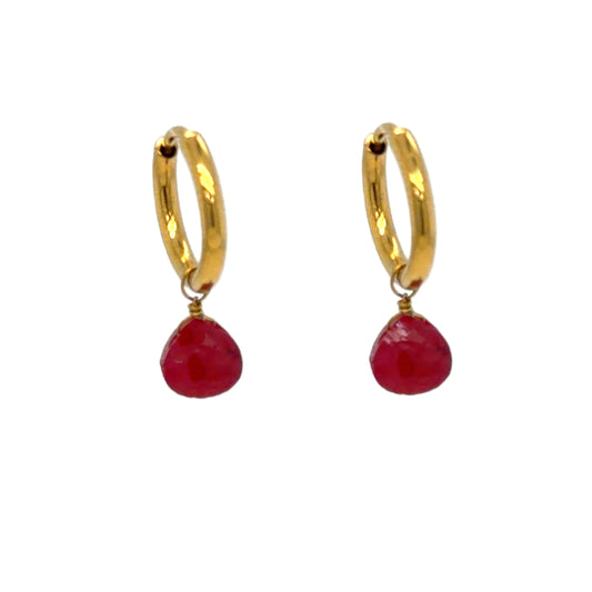 Gold huggie hoop earrings with tiny Red Agate semi-precious gemstone teardrop charms