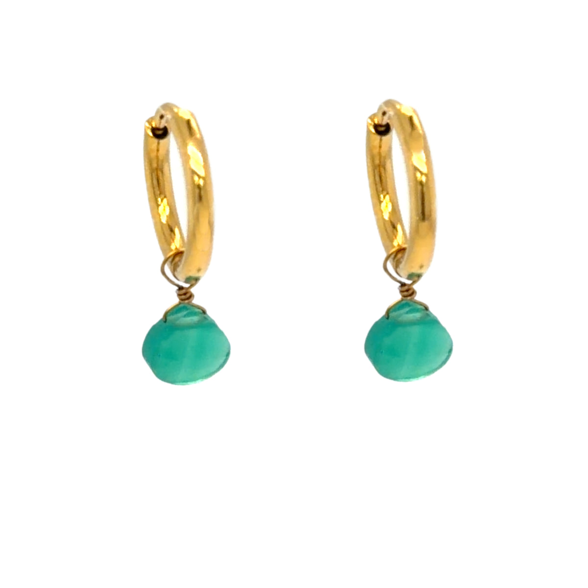 Gold huggie hoop earrings with tiny Green Agate semi-precious gemstone teardrop charms