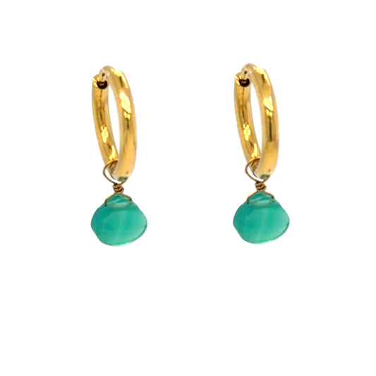 Gold huggie hoop earrings with tiny Green Agate semi-precious gemstone teardrop charms