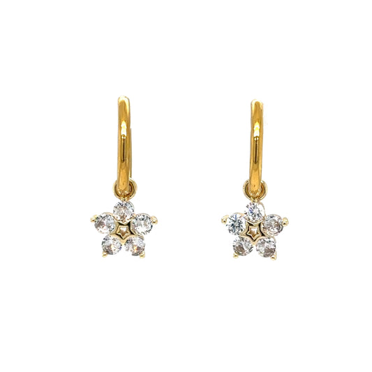 gold hoop earrings with flower shaped zirconia diamond sparkly charms