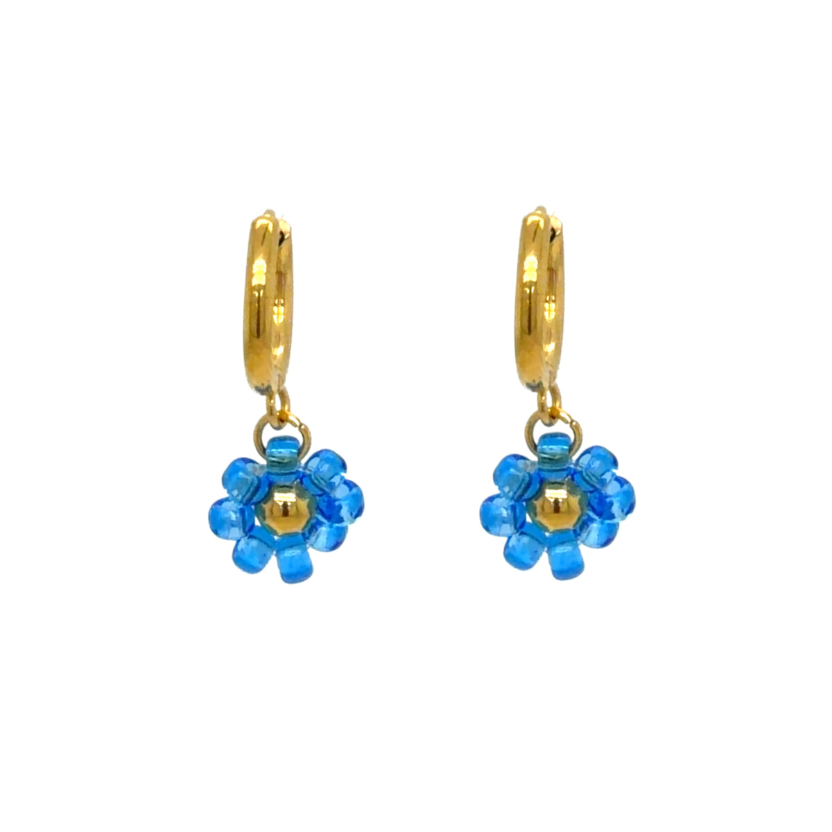 Delicate gold hoop earrings with light blue beaded flower