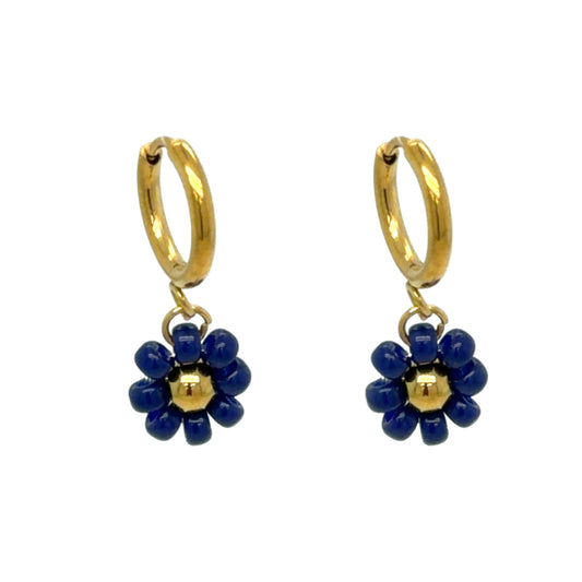 Delicate gold hoop earrings with royal blue beaded flower