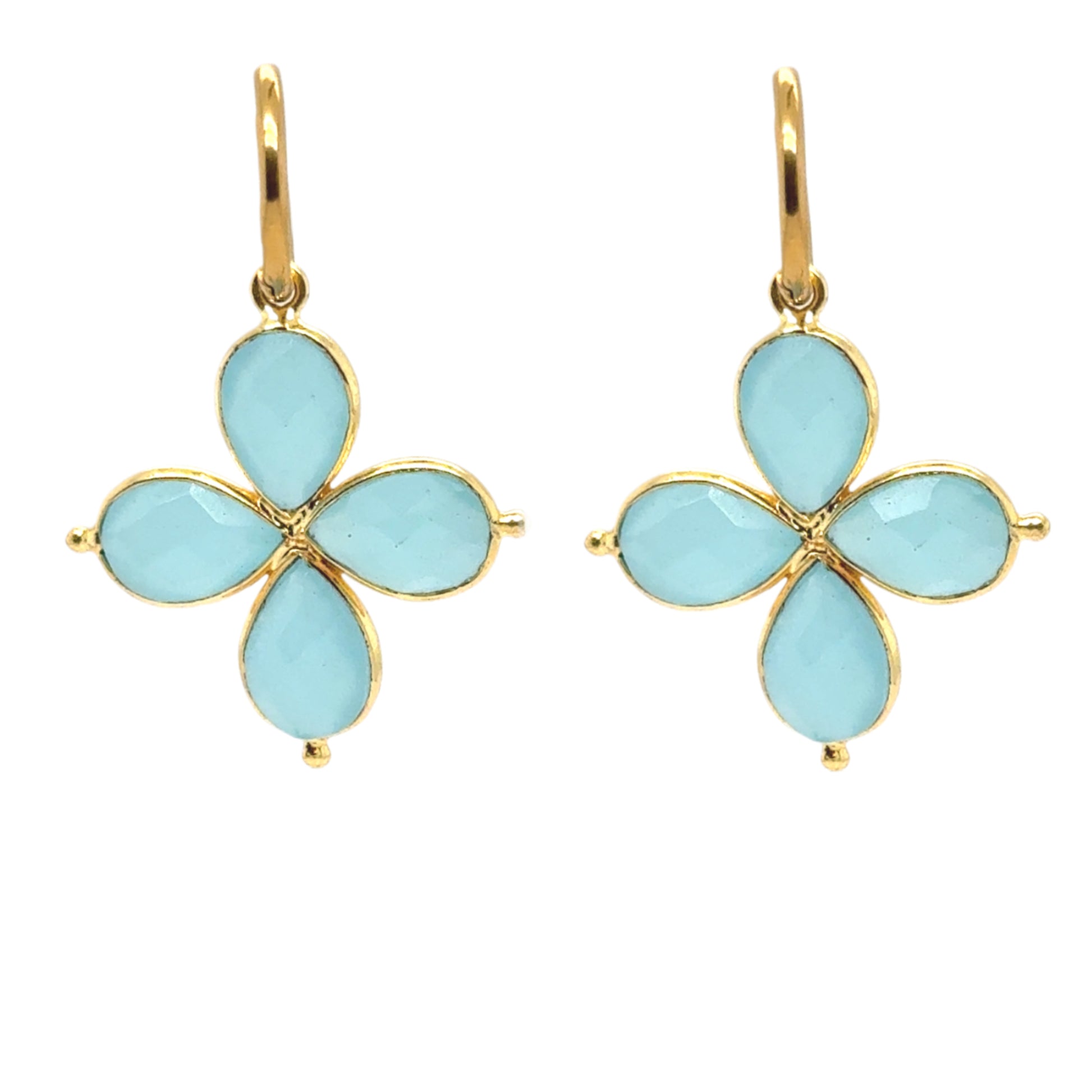 Lovely gold hoop earrings with four Aqua Hydro Quartz gemstone petal flower charms