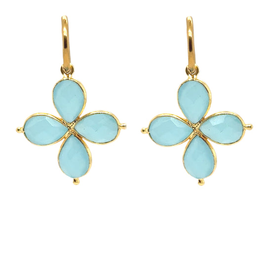 Lovely gold hoop earrings with four Aqua Hydro Quartz gemstone petal flower charms