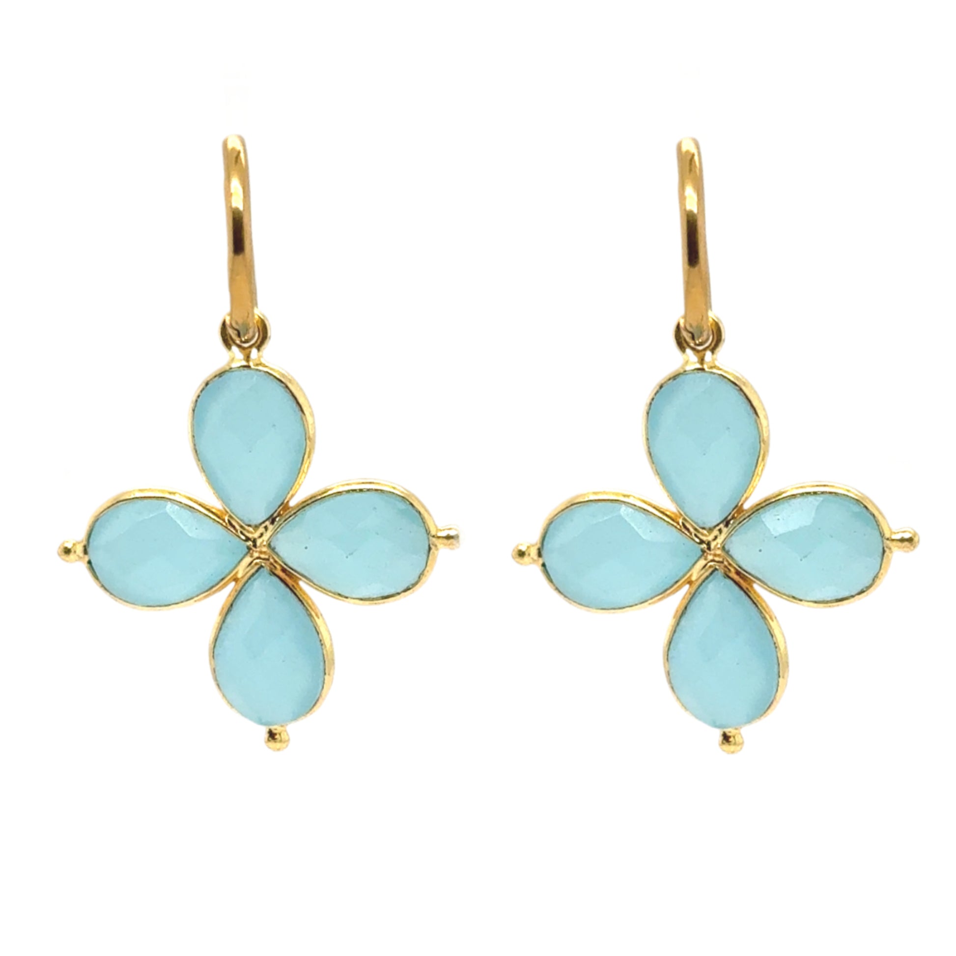 Lovely gold hoop earrings with four Aqua Hydro Quartz gemstone petal flower charms