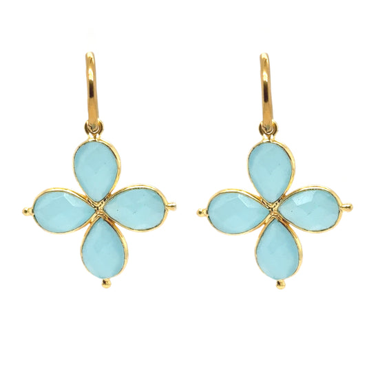 Lovely gold hoop earrings with four Aqua Hydro Quartz gemstone petal flower charms